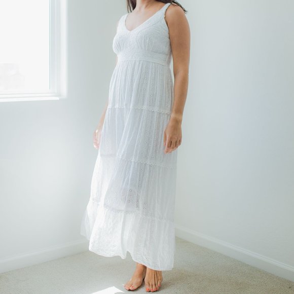 MAGIC WHITE 100% COTTON CROCHET & EYELET FLOWY SLEEVELESS V-NECK MAXI DRESS M - Picture 4 of 9